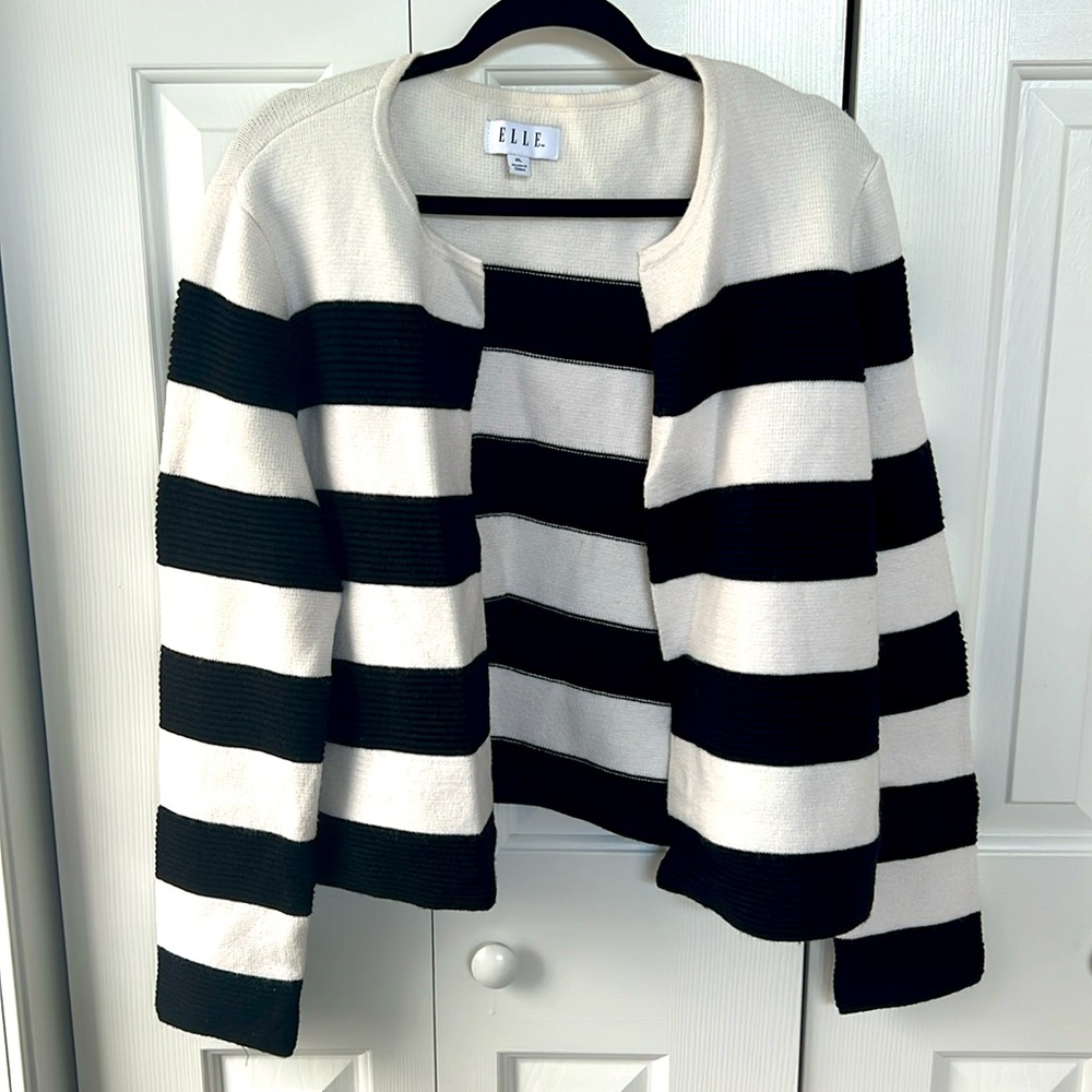 ELLE Open Front Black & White Striped Sweater Top Women's XL